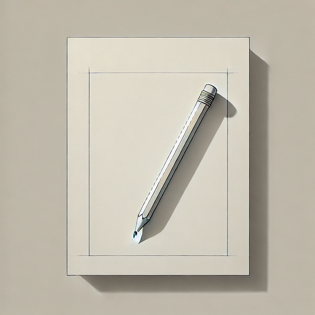 Line illustration of a pencil resting on a blank sheet of paper.