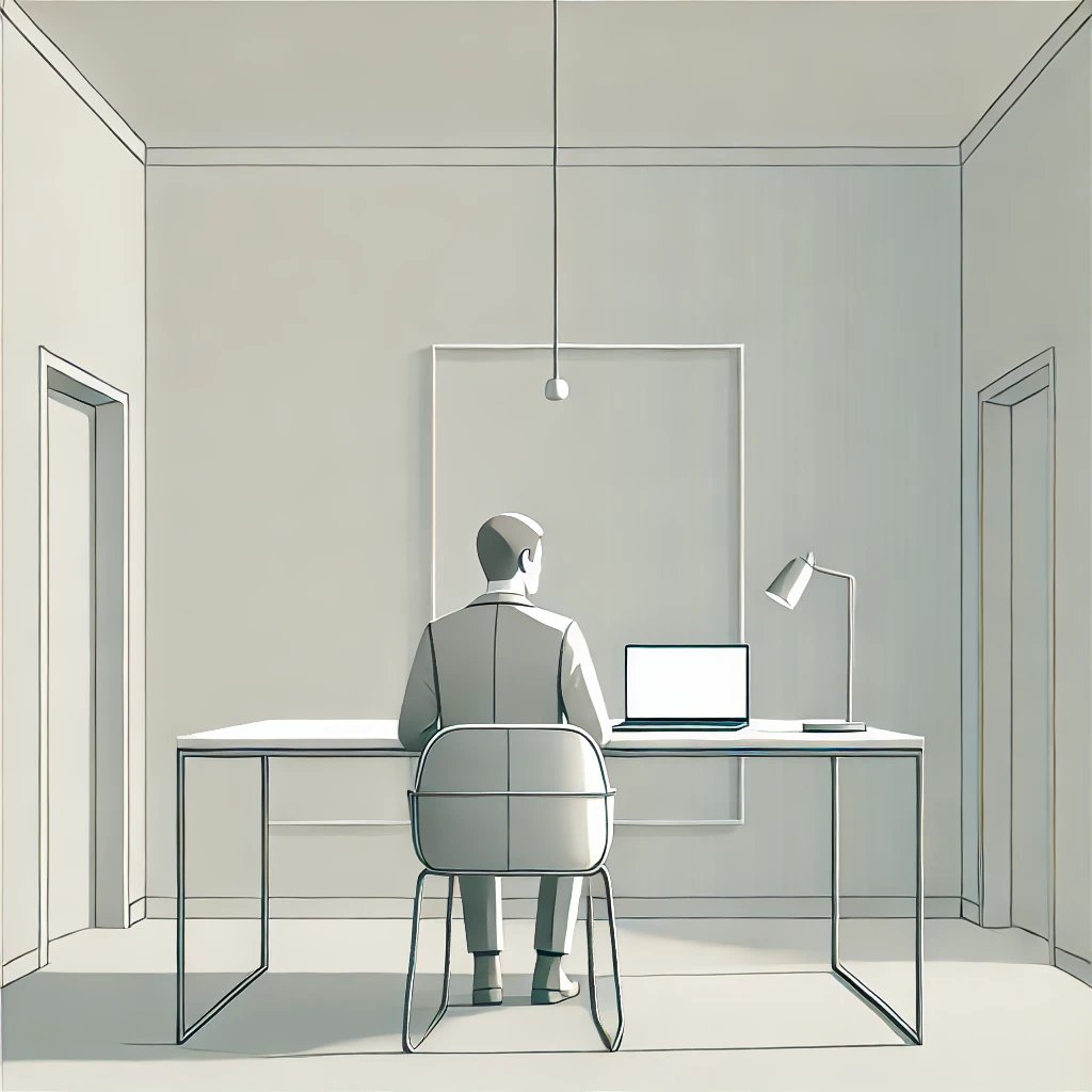 Line illustration of a person working at a simple desk with a laptop.