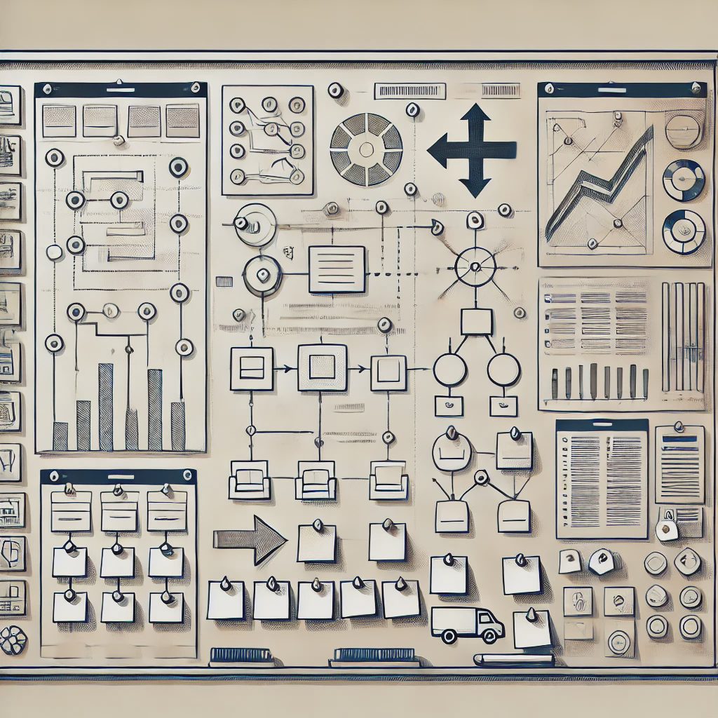 Illustration of a whiteboard covered in diagrams, flowcharts and sticky notes.
